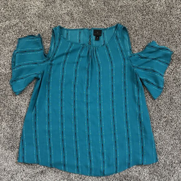 Worthington Teal Striped Dots Cold Shoulder Blouse Top Shirt Women’s Size Medium - Picture 2 of 7